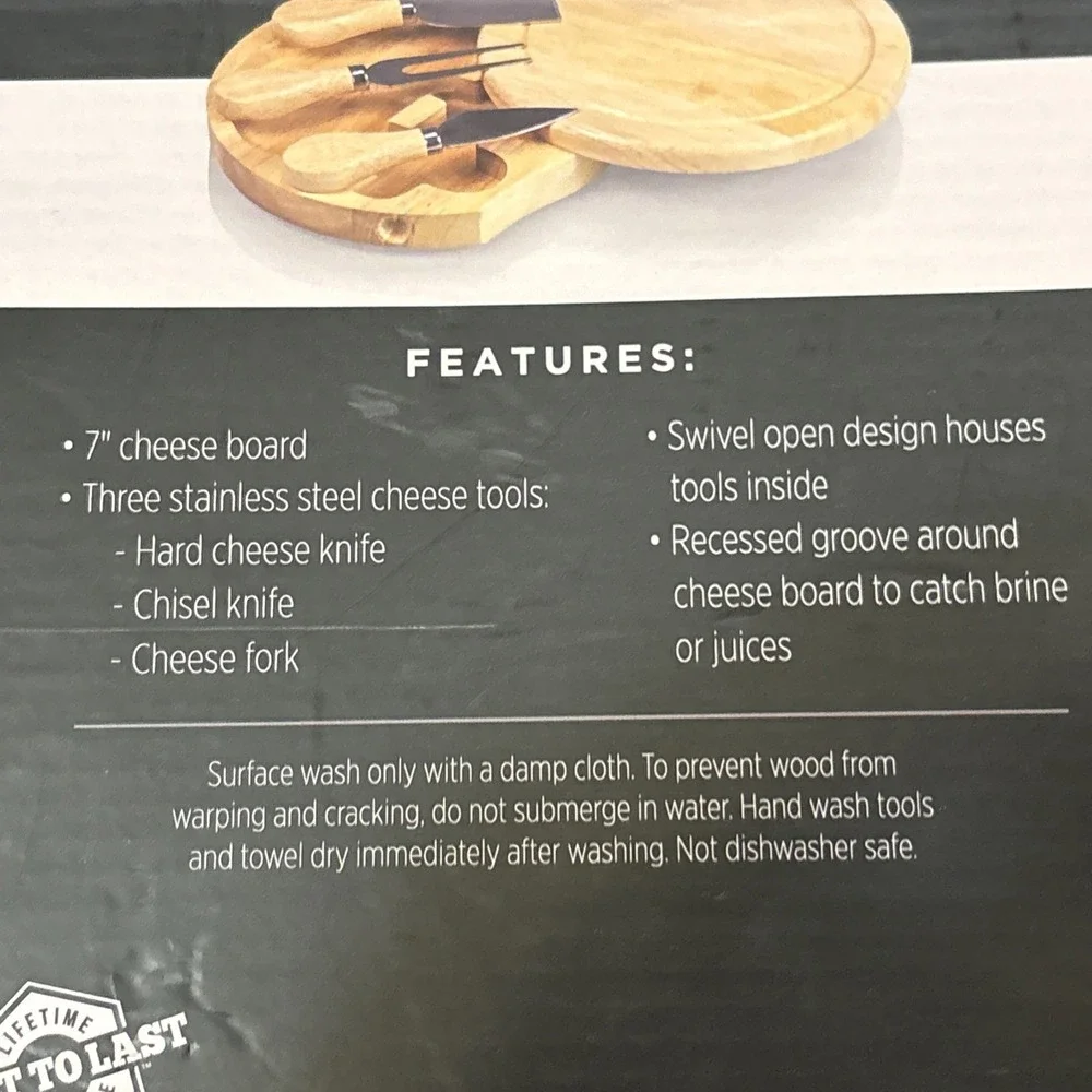 Toscana Wood Cheese Board Round Acacia Brie Tools Knife Set‎ Charcuterie 7 Inch
